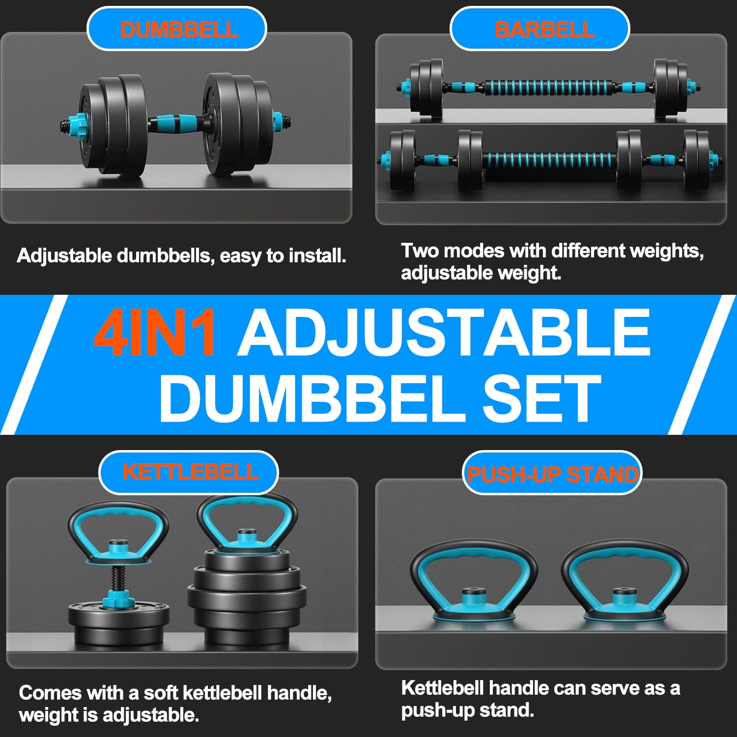 Adjustable Dumbbells, Portable Changeable Dumbbell, Kettlebells, Push up Stand and Barbell Set with Adjustable Weights Dumbbells-45LBS