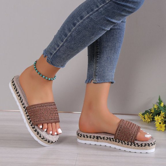 TUTUnaumb Women's Wedges Shoes Size 7.5 Women's Ethnic Style Sandals Thick Bottom Fish Mouth Shoes Rope Candy Color Slippers Flat Soft Bottom One Strap Slipper Sandals Fashion Women's Shoes-Coffee