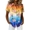 thumbnail image 2 of Minjewel Women's Hawaiian Print Button Down Short Sleeve Shirt with Pocket Casual Summer Beach Vacation Tropical Tops,Saffron,L, 2 of 6