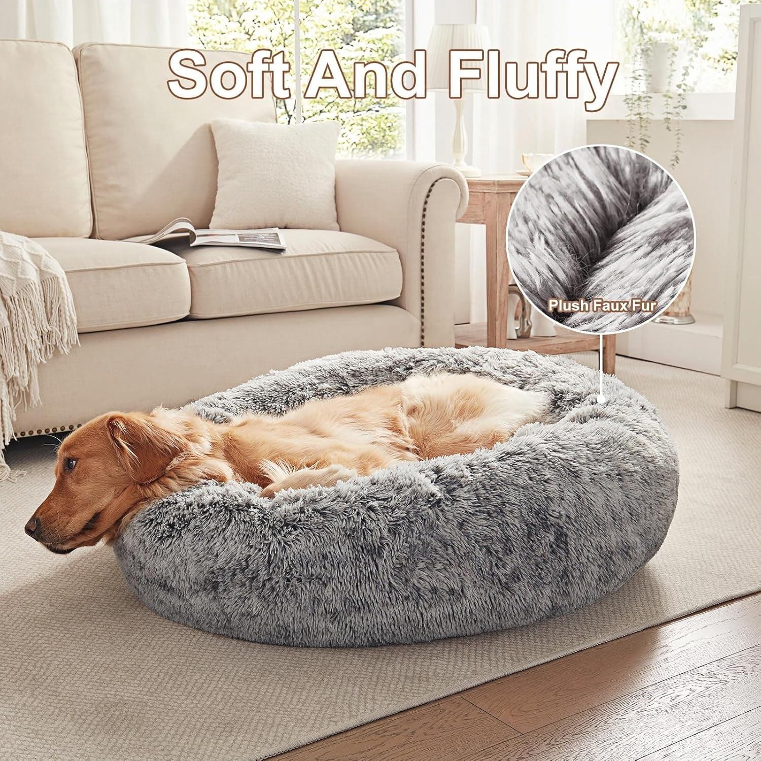 36 inches Donut Dog Bed for Large Dogs -Calming Fluffy Round Pet Bed with Removable & Washable Cover,Fits up to 80 lbs Pets (Brown,Large)