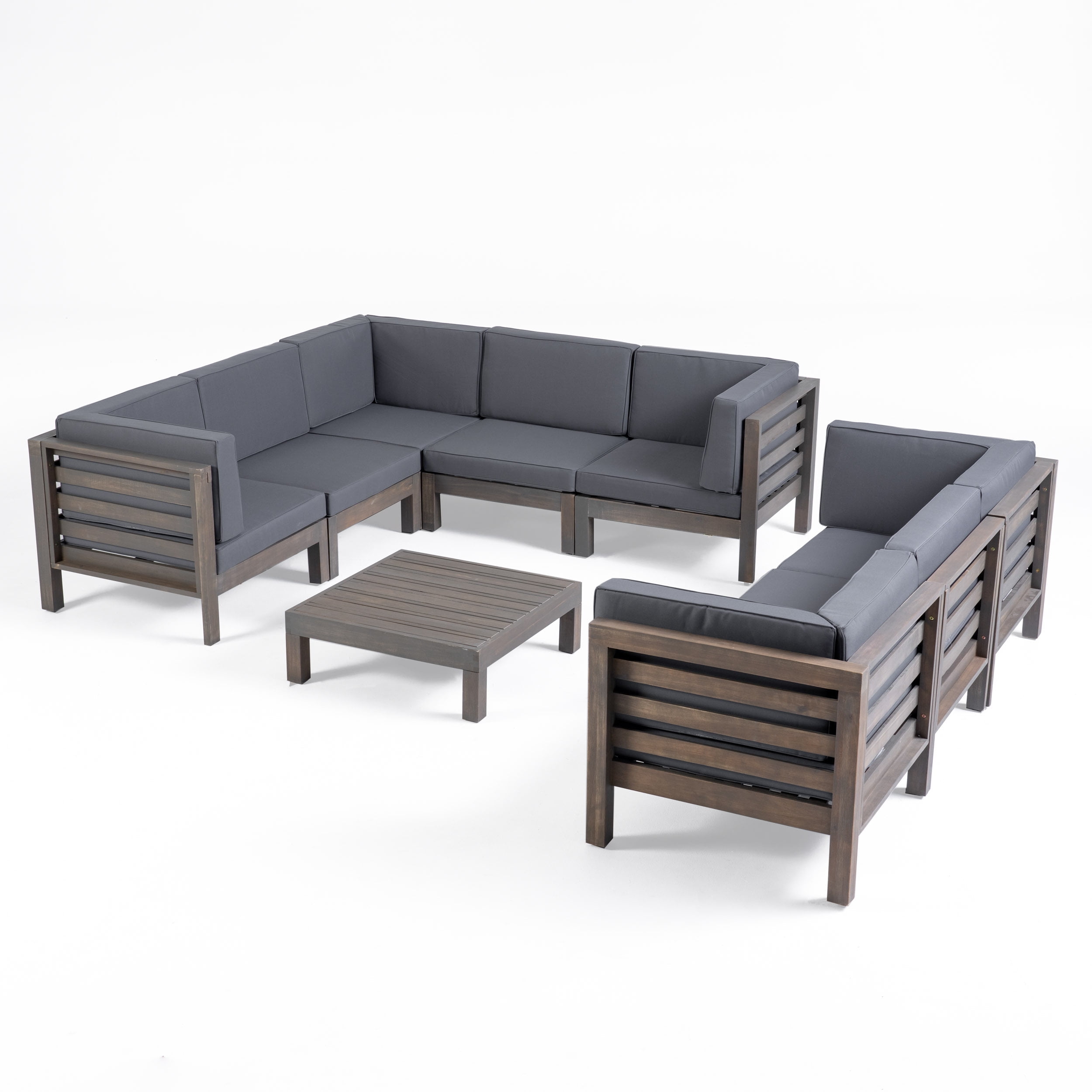Frankie Outdoor 9 Piece Acacia Wood Sectional Sofa Set with Coffee Table and Cushions, Gray, Dark Gray