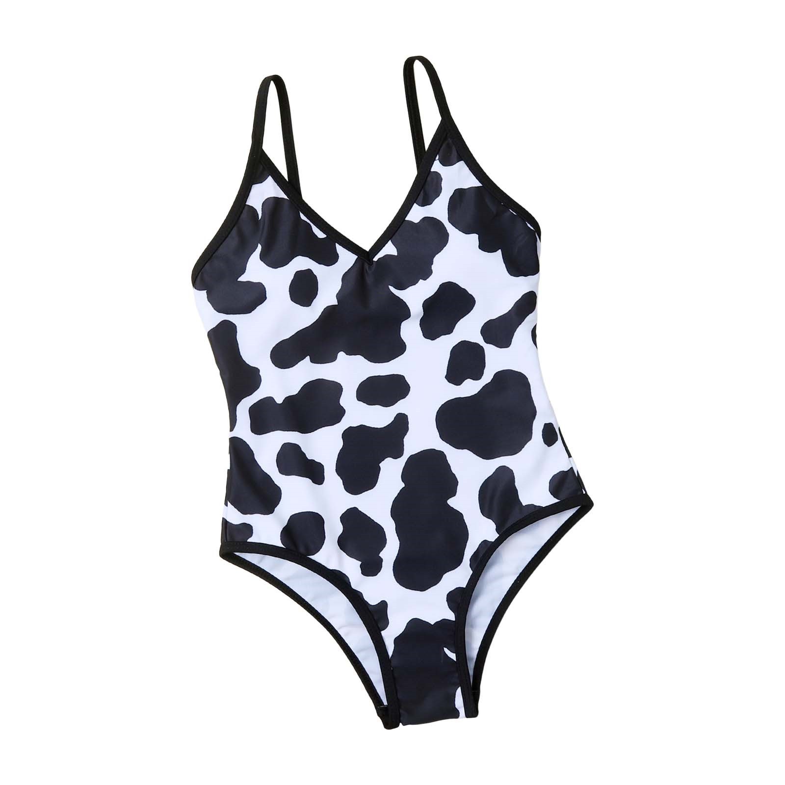 Girls Swimsuits Rash Guard Set One Piece Summer Black Color Cow Print