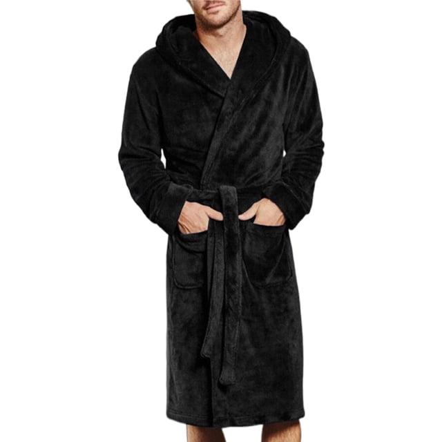 Daeful Peignoir Portefeuille pour Homme Couleur Unie Vêtement de Nuit Chandail à Capuchon de Nuit Confortable Robe de Chambre Noir 4TG