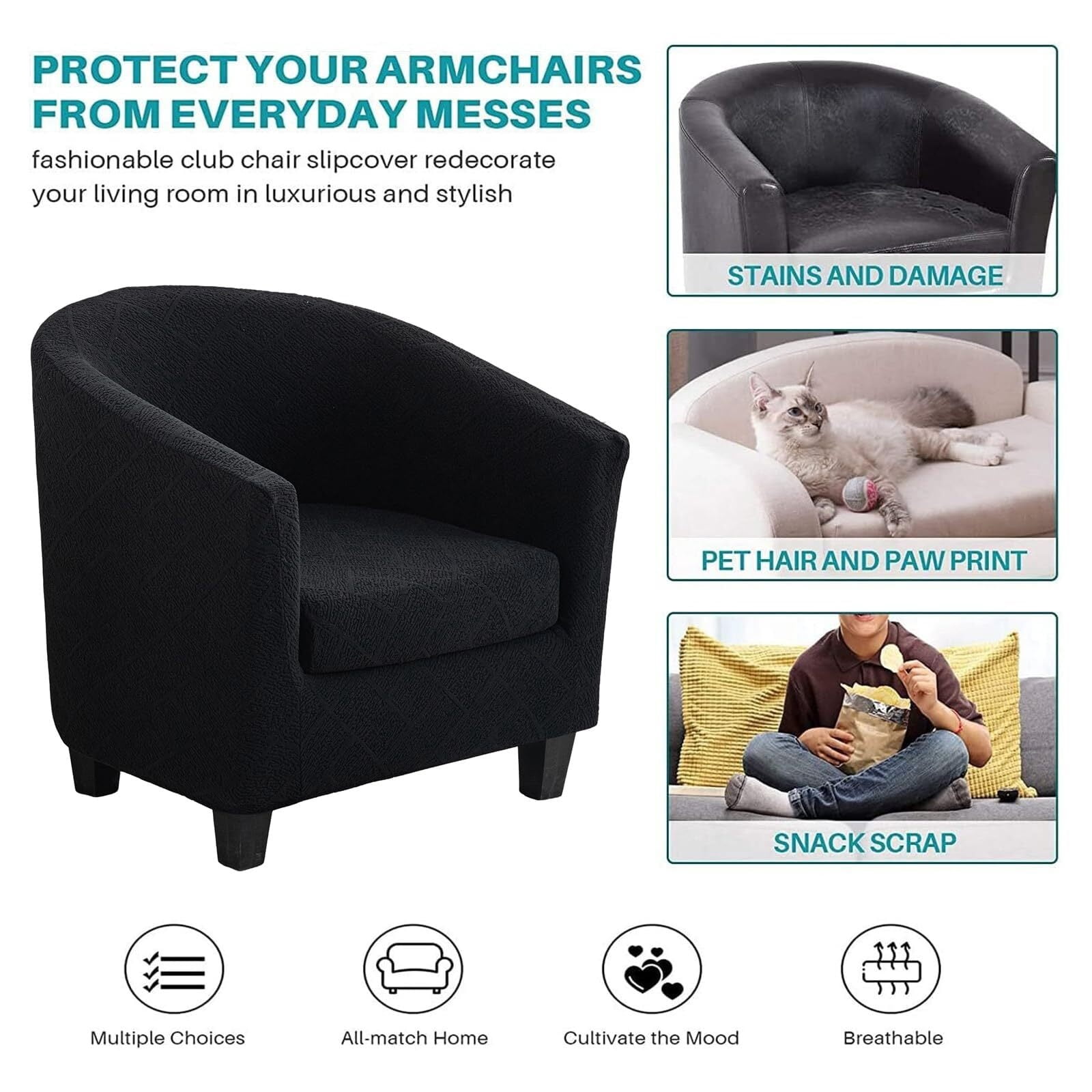 LKJYER Club Chair Slipcover 2-Piece Stretch Barrel Chair Slipcovers Tub Chair Slipcovers Soft Spandex Armchair Covers Swivel Chair Cover Sofa Cover Furniture Protector for Living Room