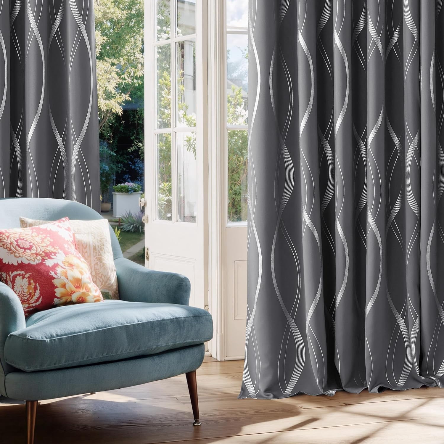 PANGTON VILLA Contemporary Gray Striped Modern Rod Pocket Blackout Curtain Panel Pairs Curtains, 52 x 84 (2 Panels)