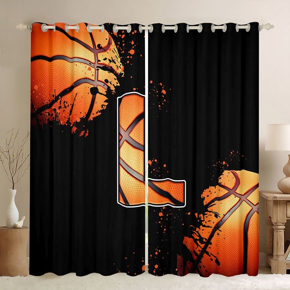 Homewish Cartoon Monogrammed L Blackout Curtains Set of 2 (52x84 Each), Cartoon Basketball Lover Window Curtains, Teens Kids Boys Girls Curtains and Drapes, Window Curtains Bedroom Decor
