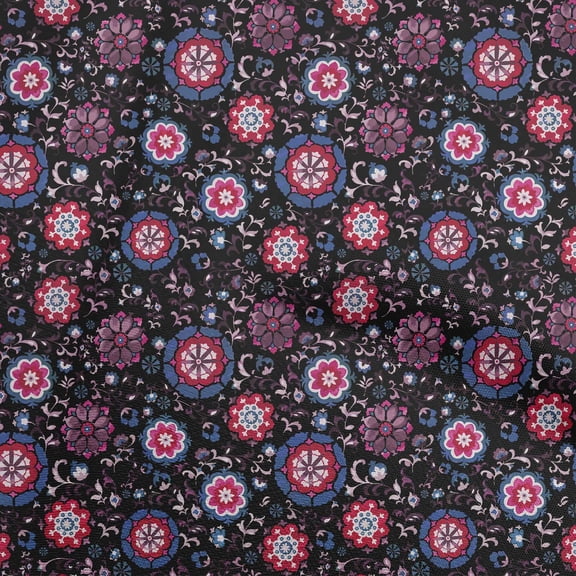 oneOone Polyester Spandex Black Fabric Asian Suzani Craft Projects Decor Fabric Printed By The Yard 56 Inch Wide