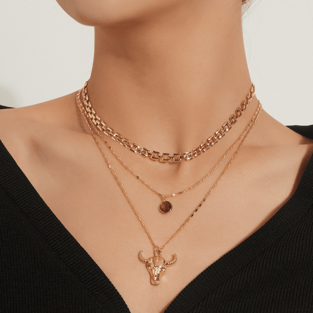 Gold Bull Head Ladies Double Layer Necklace Ruby Small Hole Chain for Women Girl Gifts Jewelry Walmart