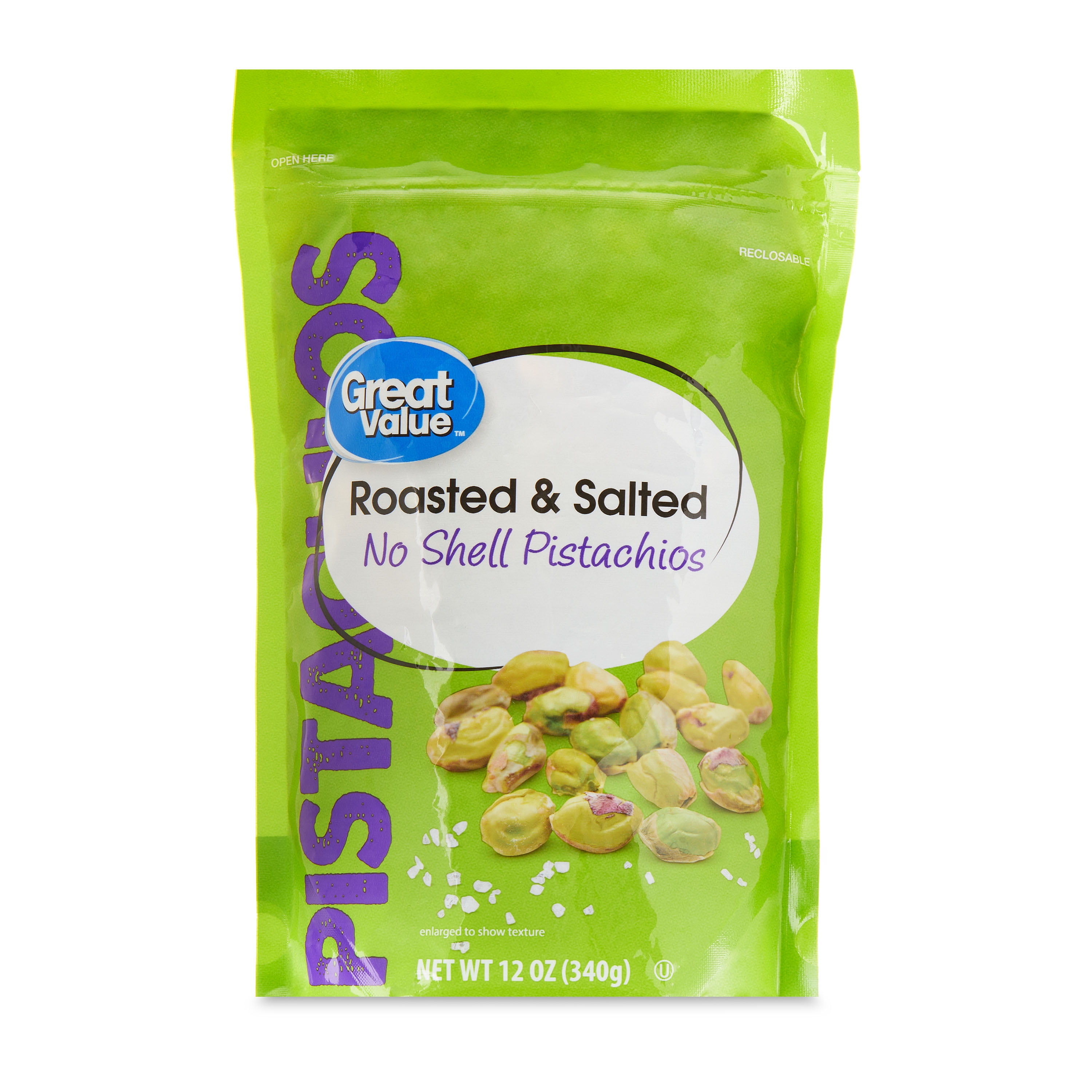 (4 pack) Great Value Roasted & Salted, No Shell Pistachios, 12 oz Resealable Bag