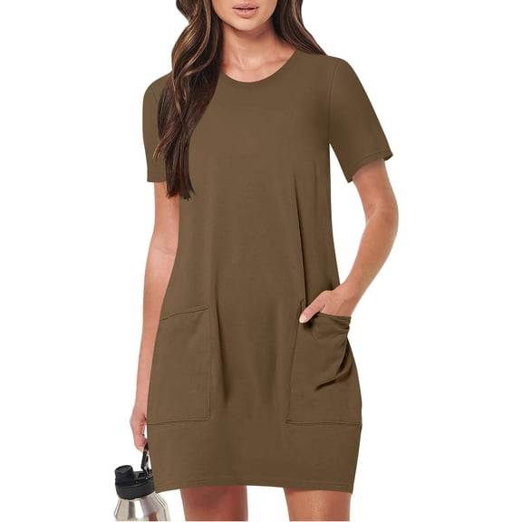 ClodeEU Womens Summer Round Neck Shorts Sleeve Loose Mini Dress,Casual Tunic Dress With Pockets Brown,Womens Plus XL