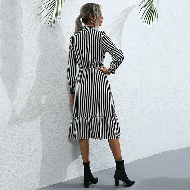 Vestido A Rayas Para Mujer, Rayas Verticales, Dobladillo Volante, Manga Larga, Vestido Tipo Túnica Para Mujer, Fibra De Poliéster Para Negocios ANGGREK Otros