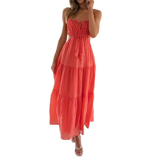 Kmbangi Robe Longue Décontractée d'Été pour Femmes Couleur Unie Sans Manches Dos Nu Mode Soirée Robe à Bretelles