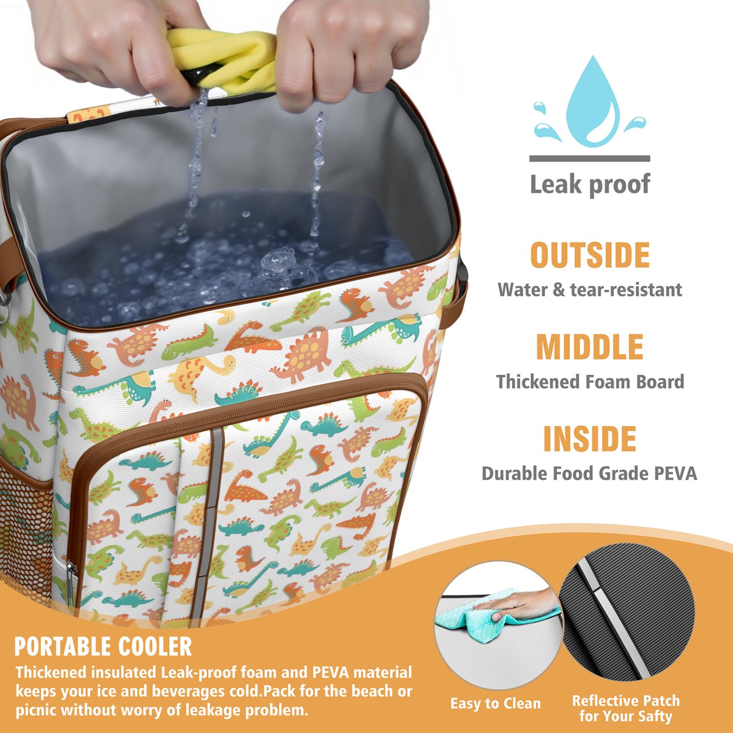 Travel Cooler Bag - White Cartoon Colorful Dinosaurs Pattern Camping Beer Cooler Backpack with Bottle Opener- Waterproof Insulated Picnic Backpacks - Cooler Bag for Beach