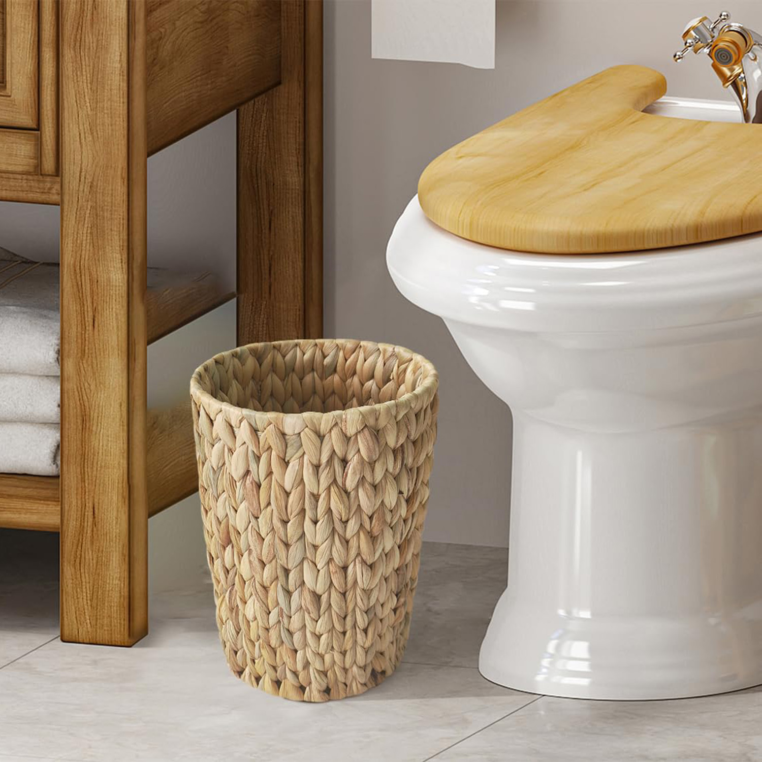 Wicker Trash Can, Small Water Hyacinth Waste Basket for Bathroom Home Office (2 Gallon Round)