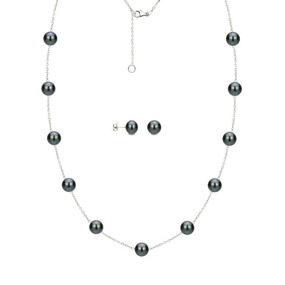 7mm x 8mm Black Cultured Freshwater Pearl Sterling Silver Station Necklace and Matching Earring Set, 18" with 2" Extender