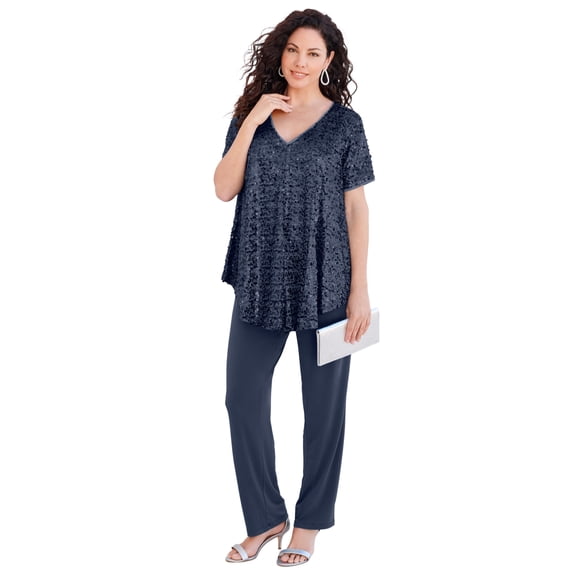 Roaman's Women's Plus Size Petite Extended Plus Size 2 Piece S/S Sequin Top And Pant Set