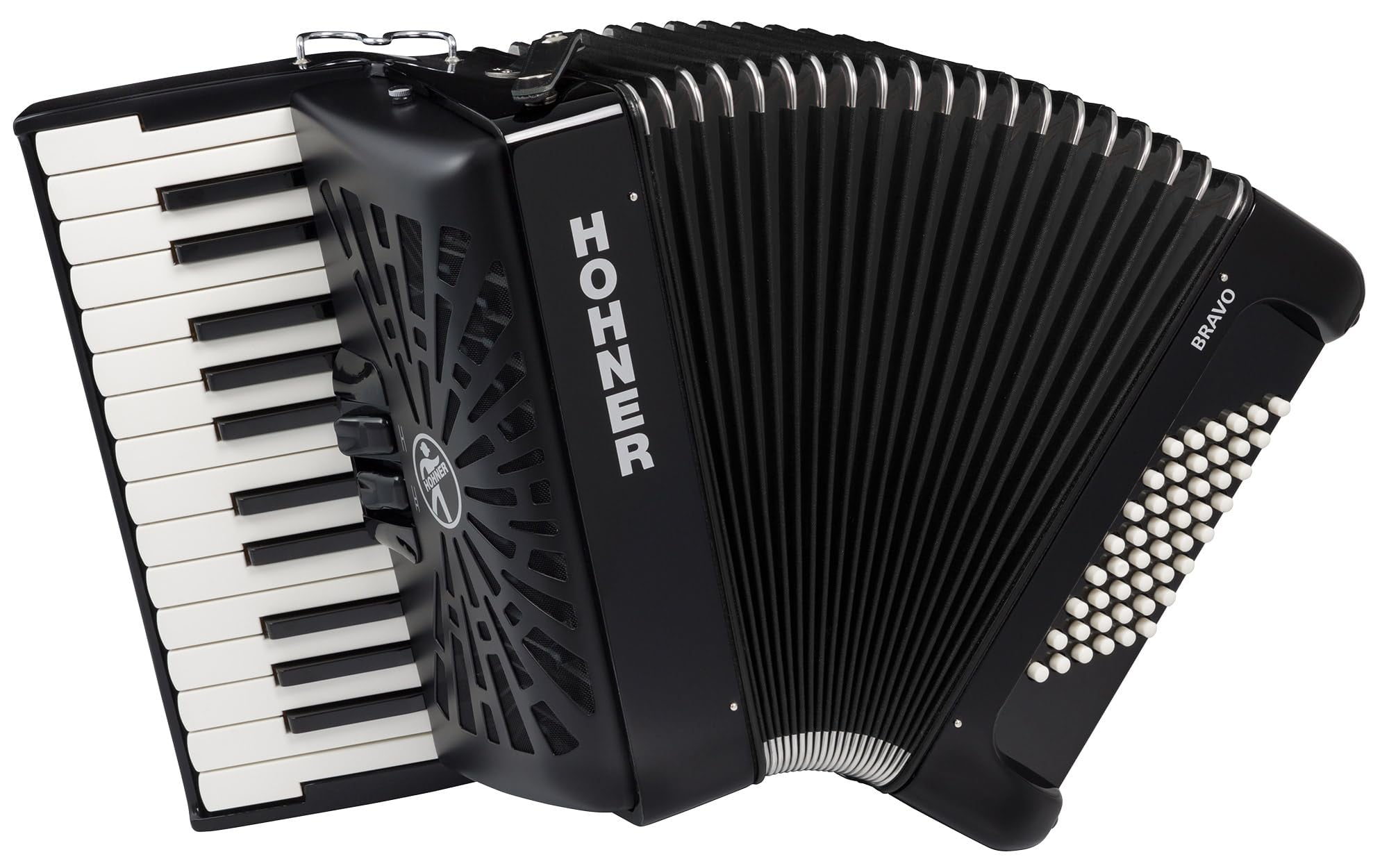 Hohner Bravo II 48 Chromatic Piano Key Accordion - Black Bundle with Gig Bag, Adjustable Straps, and Austin Bazaar Polishing Cloth