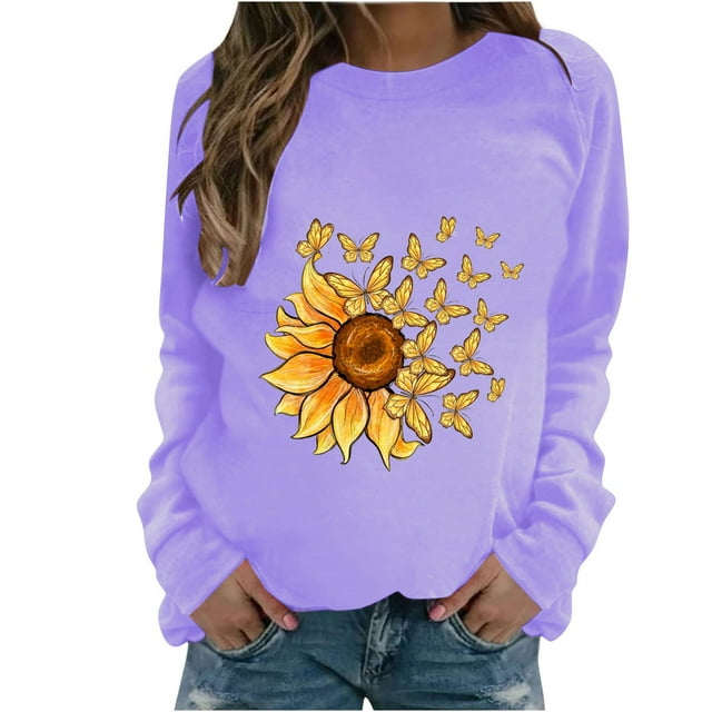 HKEJIAOI Chandail Graphique Tournesol Femme Manches Longues T-Shirt Décontracté Col Rond chandail Ample, Violet 2TG