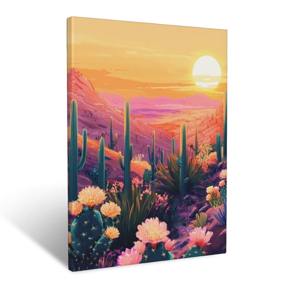 CozyNet Sun Kissed Desert Scene With Blooming Cacti And Glowing Horizon Wall Art Prints With Frame Canvas Perfect for Living Room & Bedroom, Ready to Hang, Wall Decor 12"x16"in