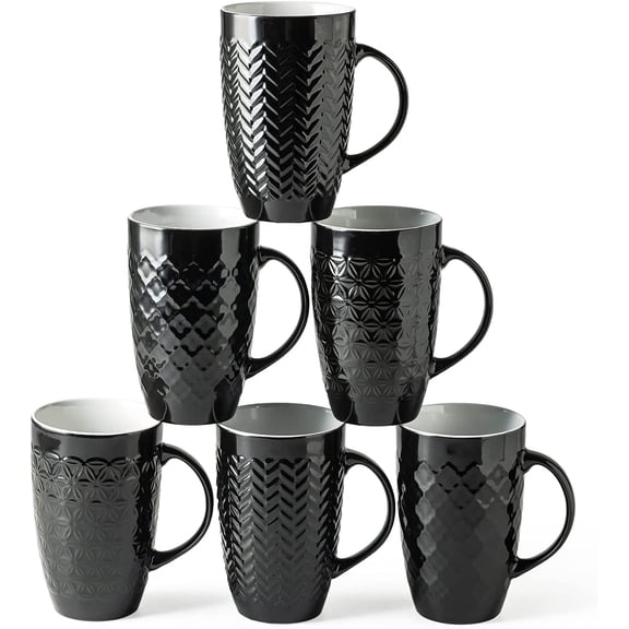 AmorArc Extra Large Coffee Mugs Set of 6, 20oz Ceramic Tall Coffee Mugs Set with Textured Geometric Patterns for Latte/Tea/Beer/Hot Cocoa, Dishwasher & Microwave Safe, Black