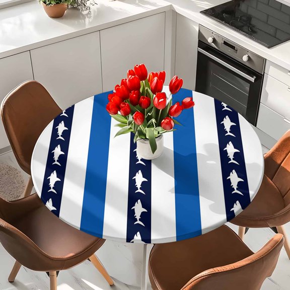 Ocean Shark Stripes Elastic Fitted Round Tablecloth Blue White Striped Waterproof Outdoor Table Cover for Holiday Party, Picnic, Patio & Dining Fits Tables Up to 55"-60"