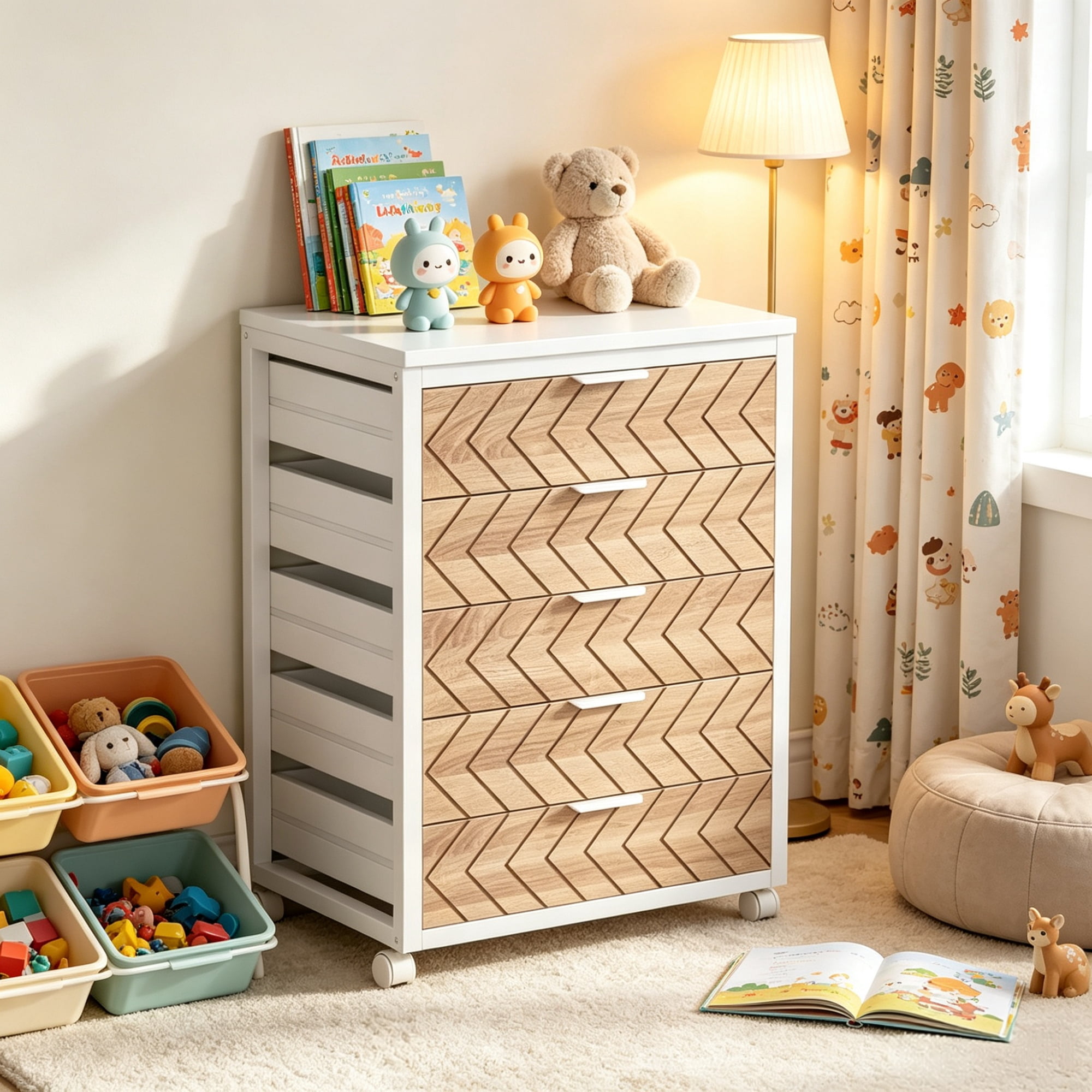 Astoutdoor 5-Drawer Rolling Storage Cabinet with Wood Grain Fronts and Casters, Engineered Wood, 31.89 in x 17.52 in x 6.10 in