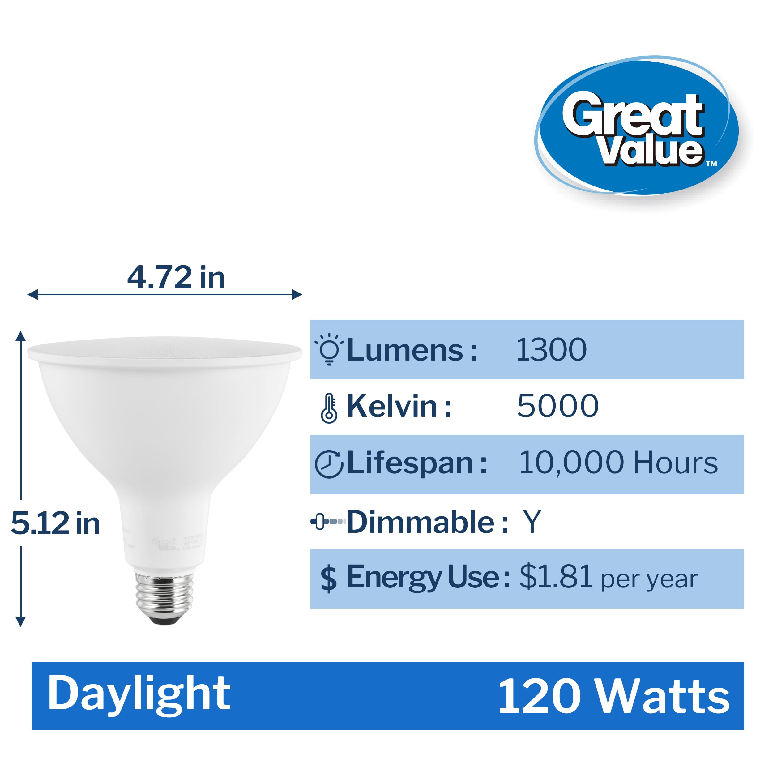 Great Value PAR38 LED Flood Light Bulbs, 15-Watt (120W Equivalent), Daylight White, Dimmable, E26 (2Pack)