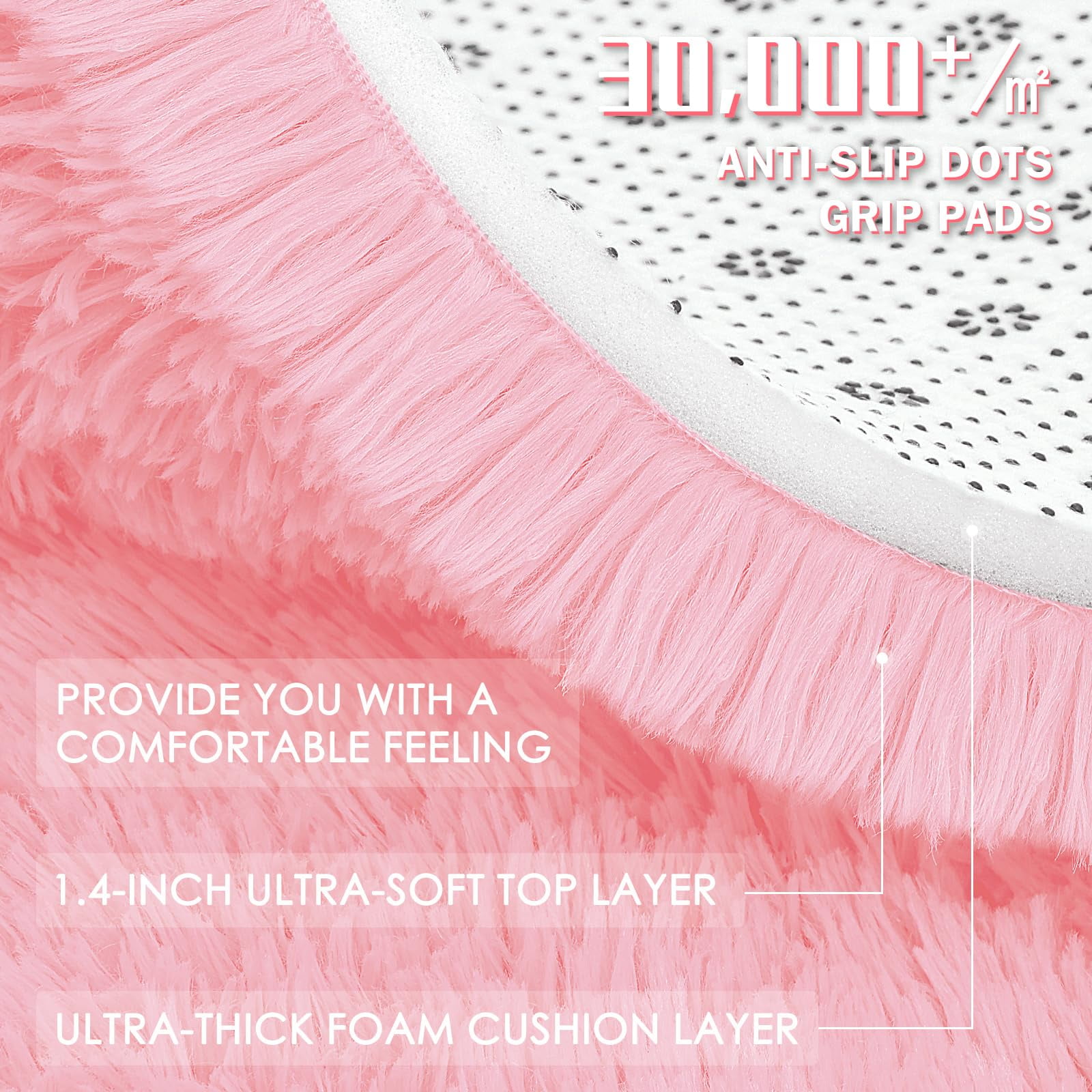 Buganda Fluffy Area Rugs, Round Area Rug for Living Room, Soft Decorative Carpet for Indoor Home, 5'x5', Pink