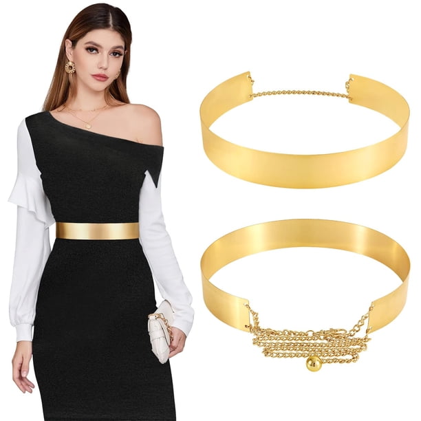 WHIPPY Women Gold Metal Belt Shiny Polished Adjustable Gold Metal Mirror Waist Belt, Gold,0.8