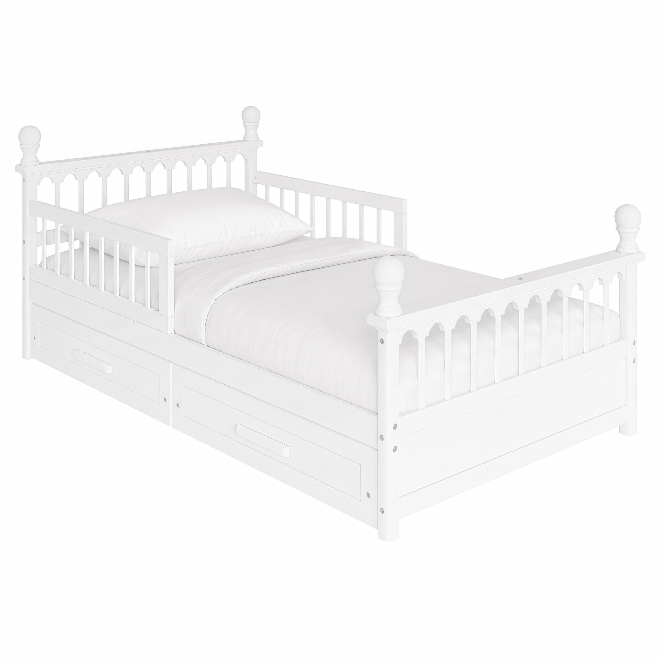 Noble House Orielle Twin Kids Bed Frame with Storage Drawers, Low-Profile Platform Bed with Safety Guardrails, White