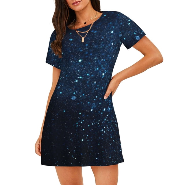 Cauagu Chemise de Nuit Rétro à Manches Courtes Pailletée Bleue pour Femmes, Chemise de Nuit Confortable à Col Rond Mignonne à Volants