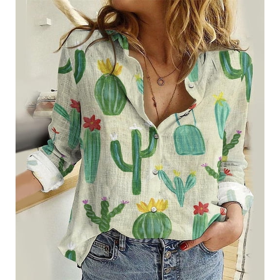Cactus Blouses Shirt, Plant Women Casual Shirt, Women's Clothing, Button Up Shirt, Long Sleeve Shirt, Gift For Her