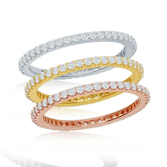925 Sterling Silver 4mm Rhodium Plated/Gold Plated/Rose Gold Plated Round Cubic Zirconia Stackable Eternity Band 3 Ring Set