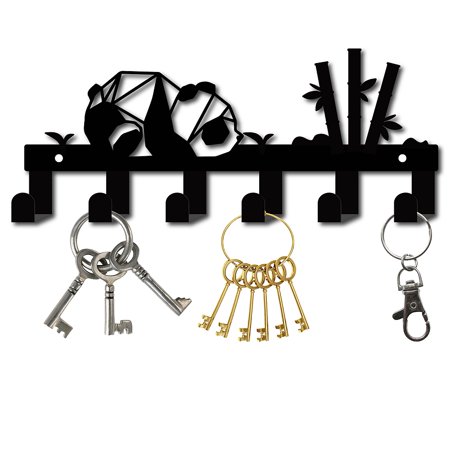 Metal Key Holder Black Key Hooks Wall Mount Hanger Decor Iron Hanging Organizer Rock Decorative 6 Hooks Panda Bamboo for Home Housewarming Gift