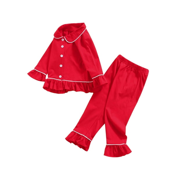 Gupgi Little Girl Solid Pjs Ruffle Long Sleeve Button Shirt Pants 2piece Pajamas Set Red