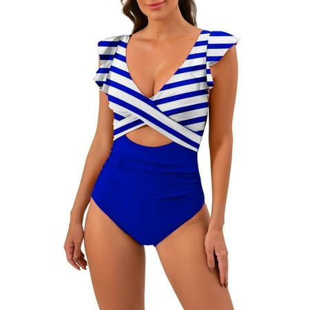 Mohiass Ruffle Color Block Ruffle One Piece Swimsuit for Women V Neck Ruched Monokini Bathing Suits Blue 2XL