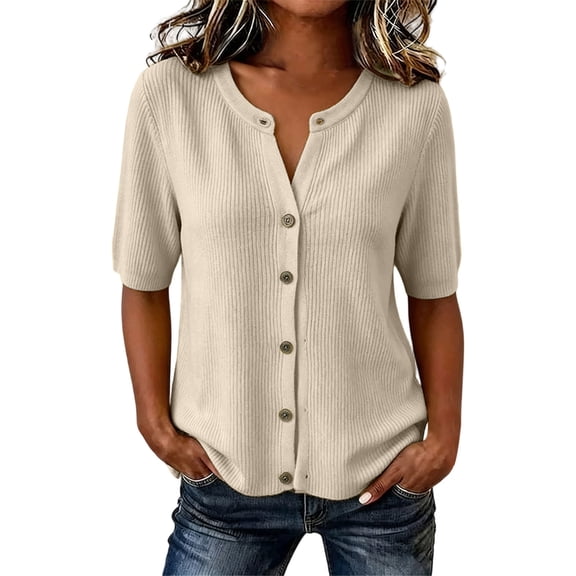dazeni Women's Short Sleeve Sweater Lightweight Knit Button Down Cardigan Jackets Summer Casual Open Front Cardigans Clothes Beige