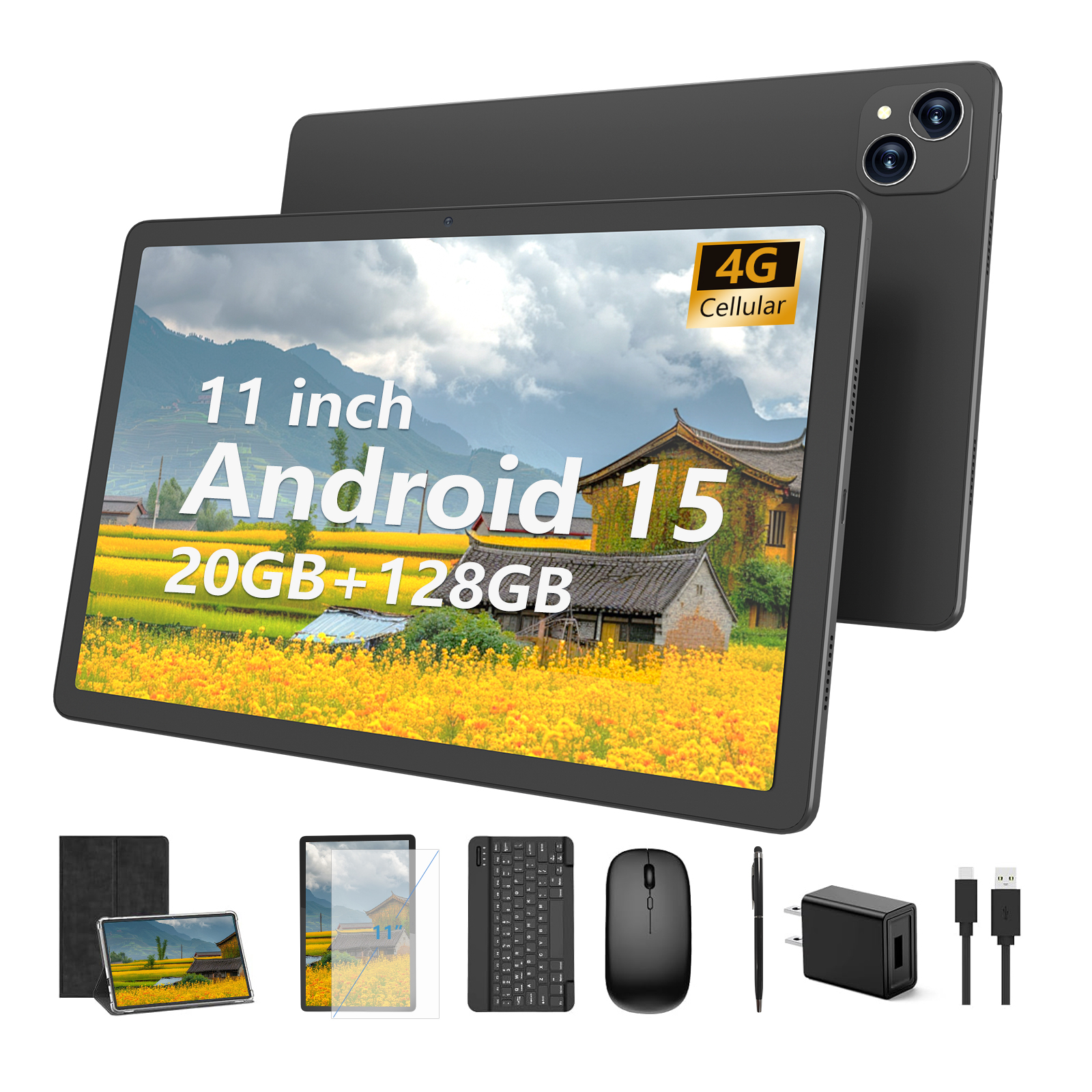 11 inch Android 15 Tablet with Keyboard 20GB RAM 128G Storage, 2025 Latest Cellular Tablet with SIM Card Slot, 4G LTE T-moblie Phablet, T615 Octa-Core 8000mAh, 5G WiFi & Bluetooth - Gray