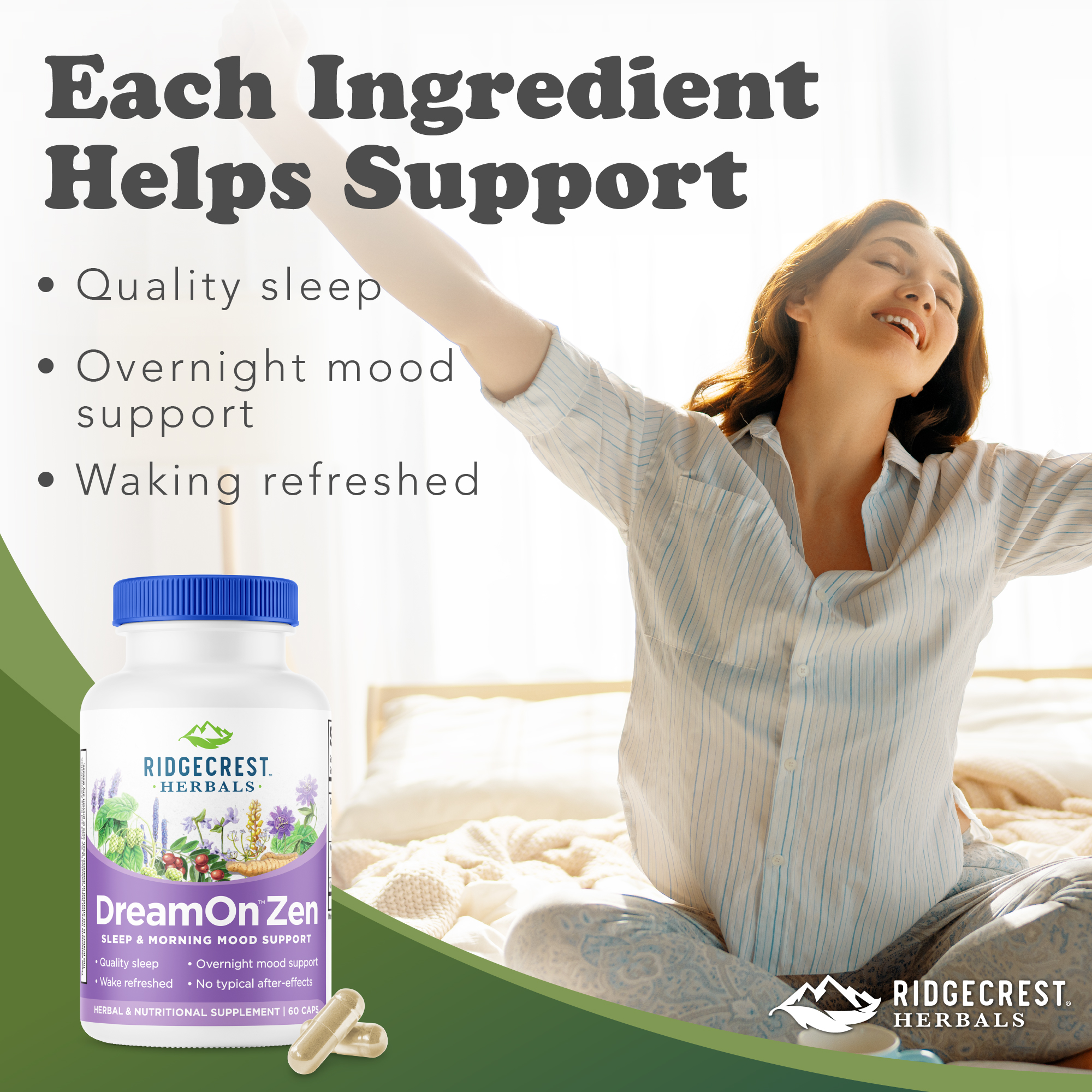 RidgeCrest Herbals DreamOn Zen, Sleep Aid and Mood, Calm Support Supplement, Melatonin Free, Magnesium, 5-HTP, Lavender, Chamomile, Valerian, Lemon Balm (60 Caps, 30 Serv)