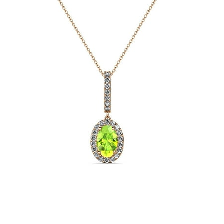 Petite Oval Green - Petite Oval Peridot and Diamond Halo Pendant 0.40 ct tw in 14K Rose Gold with 18 Inches 14K Gold Chain