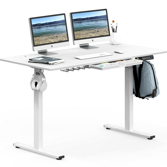SHW Electric Height Adjustable Standing Desk with Hanging Hooks and Cable Management, 55 x 28 Inches, White