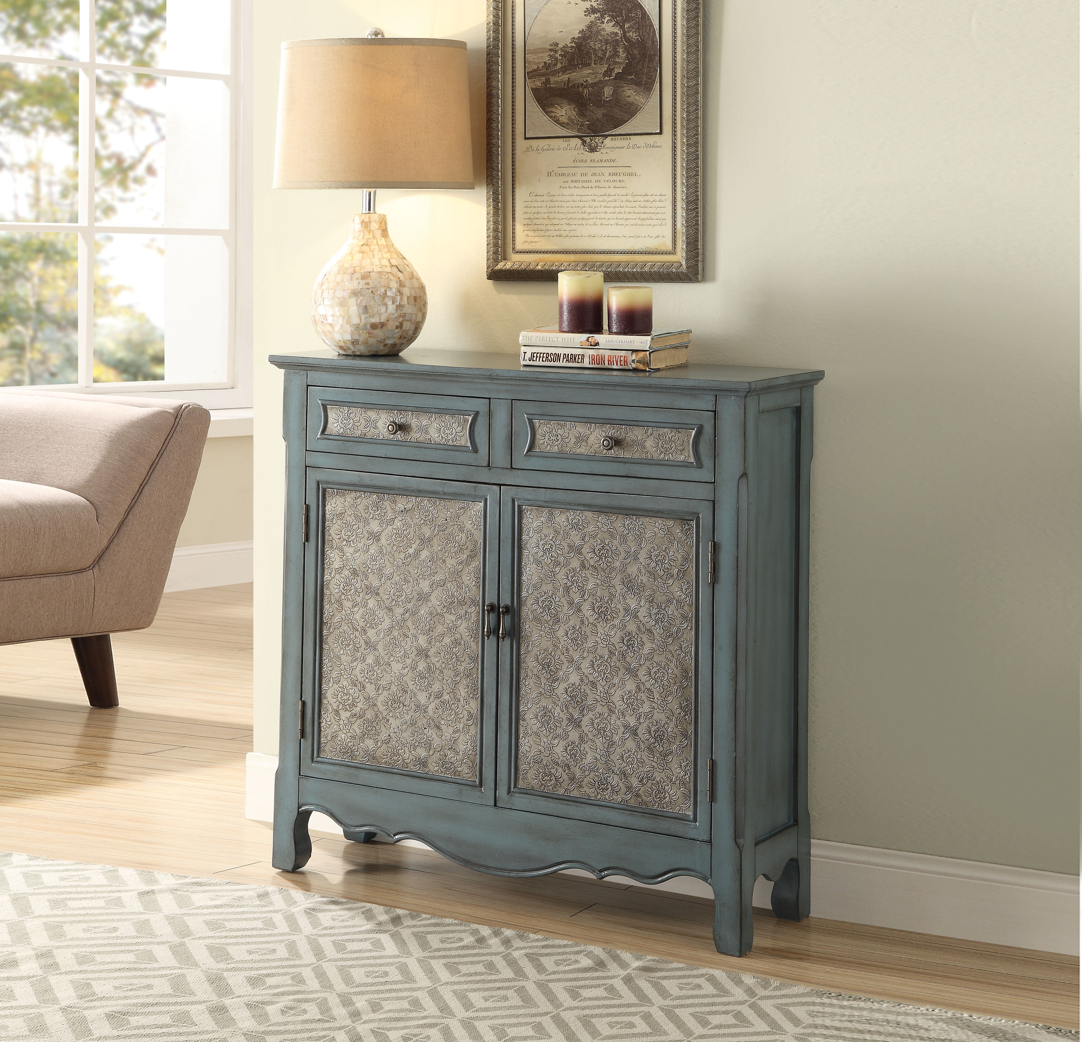 Console Table with Drawers, Antique Blue Finish