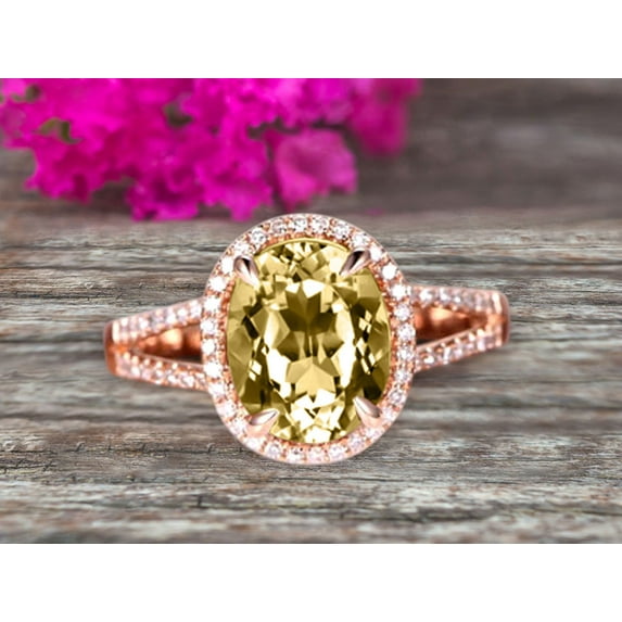 8x6mm Oval Cut 10k Rose Gold Champagne Diamond Moissanite Halo Engagement Ring With 2.25 Carat Split Shank