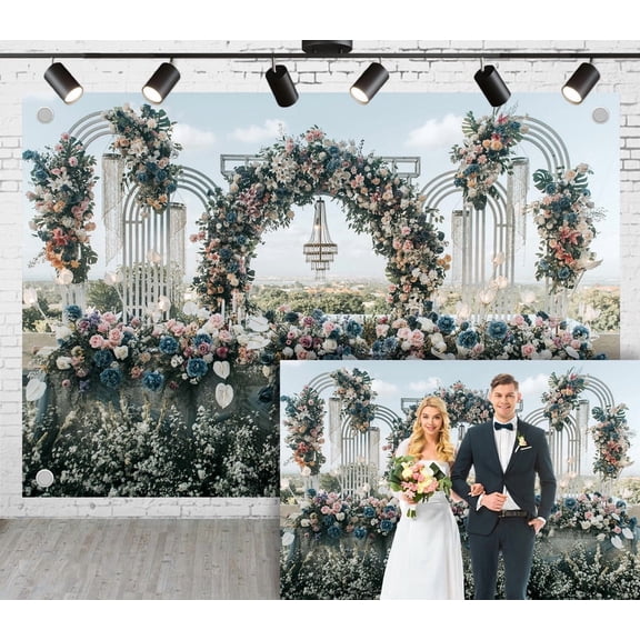 7x5ft Wedding Photoshoot Backdrop Colorful Flowers Decorate The Metal Arch Background For Engagement Proposal Birthday Party Decoration Outdoor Theme Video Studio Props