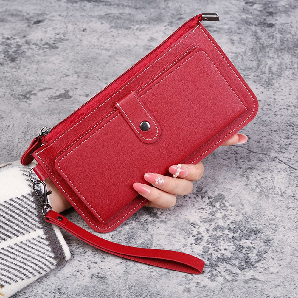 Red Small Leather Bifold Wallet Vintage Billfold Cute Women Buckle Wal