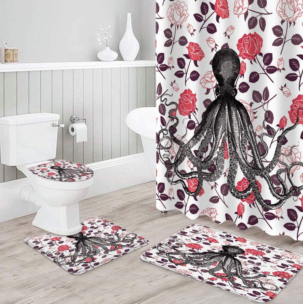 ZHANZZK Floral 4 Piece Bathroom Set Shower Curtain Bath Rug Contour Mat and  Toilet Lid Cover - Walmart.com