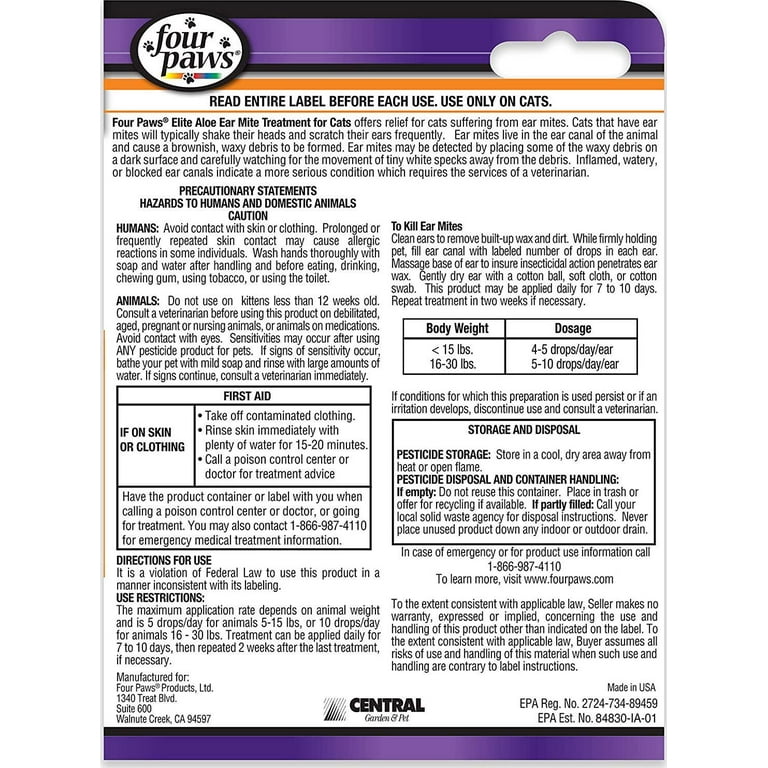 Four paws aloe ear top mite treatment for cats