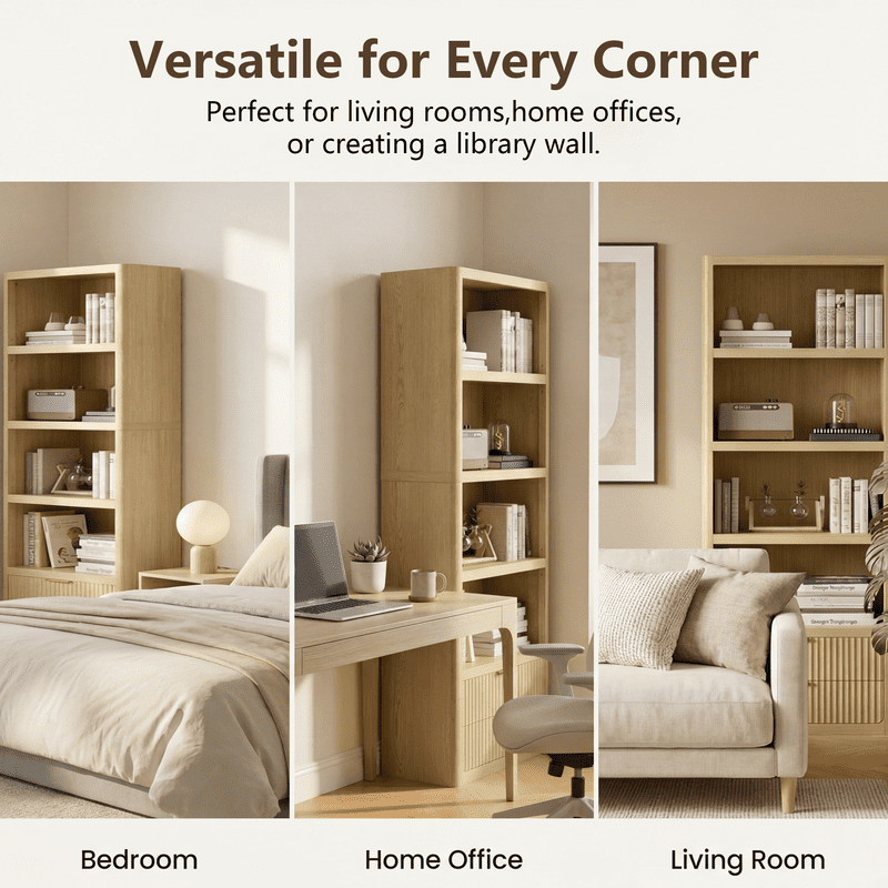 Vineego 5-Tier Tall Bookshelf with 2 Drawers, Modern Open Storage Bookcase, Freestanding Display Shelf for Living Room, Bedroom & Home Office, Light Oak Finish