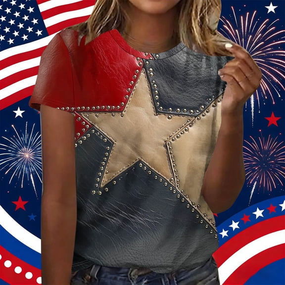 NTACZA Short Sleeve Tops for Women Casual Patriotic Star Studded Print Crew Neck T‑Shirts Graphic Tees Festival Relaxed Fit Blue