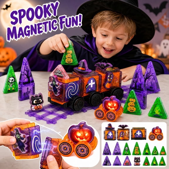 Halloween Magnetic Building Blocks for Student with Spooky Train Tracks and Pumpkin Car, Multi-Piece Set, Purple and Green, Toys